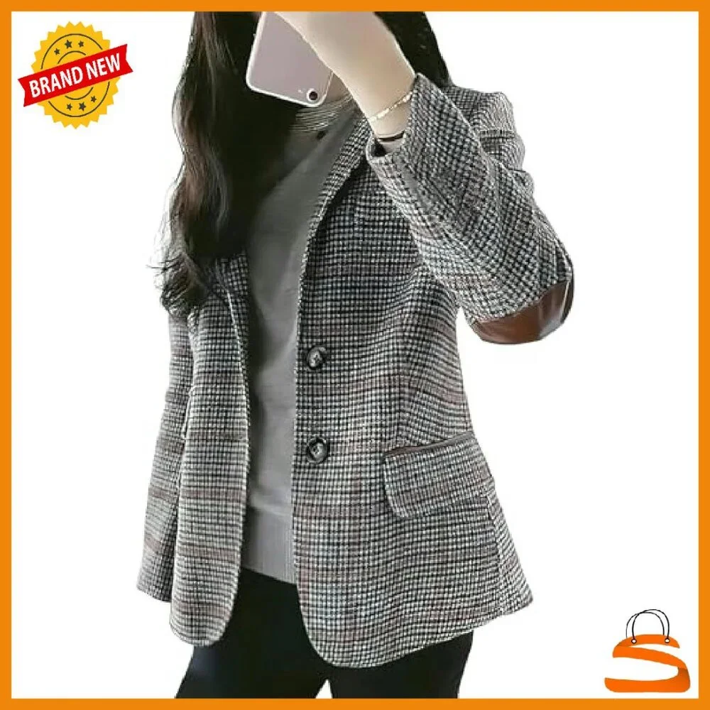 Wool Plaid Blazer Slim Fit Notched Lapel Elbow Patch Jacket - Picture 3 of 4